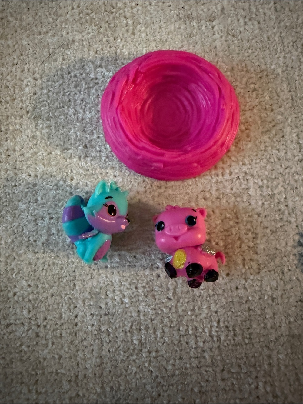 Pink Nest with Two Small Pink & Teal Animal Figurines
